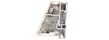 A top down view of a small apartment with a kitchen, living room, and bedroom.