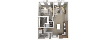 A 3D floor plan of a small apartment with a kitchen, living room, and bathroom.