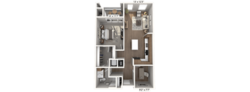 A floor plan of a small apartment with a kitchen, living room, and bathroom.