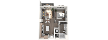 A 3D floor plan of a small apartment with a kitchen, living room, and bathroom.