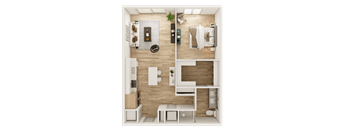 A top-down view of a modern, minimalist kitchen and living room.