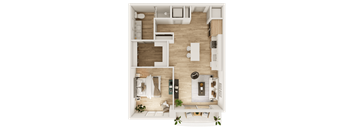 A top-down view of a modern apartment layout with a kitchen, living room, and dining area.
