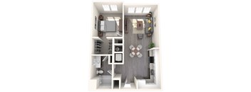 A top-down view of a small, neatly organized apartment.