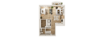 A top-down view of a small, neatly organized apartment with a bedroom, living room, and kitchen.