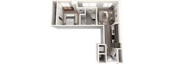 A 3D floor plan of a small apartment with a kitchen, living room, and bathroom.