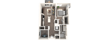 A 3D floor plan of a small apartment with a kitchen, living room, and bathroom.