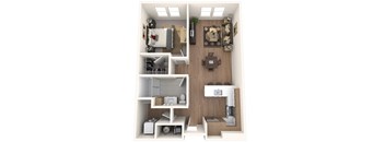 A top-down view of a small apartment with a kitchen, living room, and bathroom.