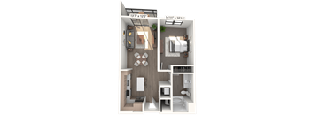 A 3D floor plan of a small apartment with a kitchen, living room, and bathroom.