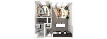 A 3D floor plan of a small apartment with a bedroom, living room, and kitchen.