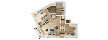 A top-down view of a modern living room with a kitchen area.