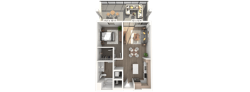 A 3D rendered image of a small apartment layout with a kitchen, living room, and bathroom.