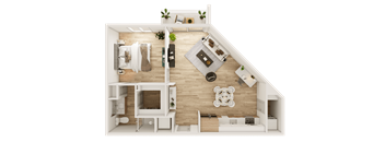 A top-down view of a small, neatly organized apartment with a kitchen, living room, and bedroom.