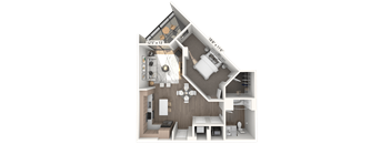 A 3D rendered image of a house layout with dimensions.