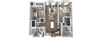 A 3D floor plan of a two-bedroom apartment with dimensions.