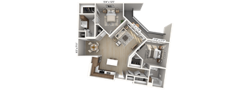 A 3D floor plan of a house with labeled dimensions.