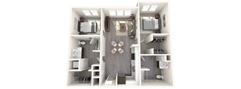 A 3D rendered image of a small apartment layout.