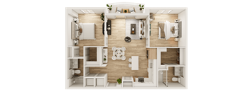 A top-down view of a small, well-organized apartment with a kitchen, living room, and bedroom.