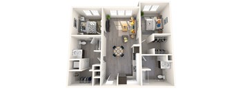 A 3D rendered image of a modern apartment layout.