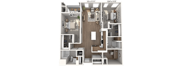 A 3D floor plan of a small apartment with a kitchen, living room, and bedroom.