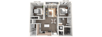 A 3D floor plan of a small apartment with a kitchen, living room, and bathroom.