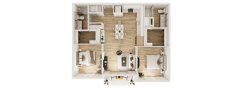 A top-down view of a modern apartment layout with a kitchen, living room, and bedrooms.