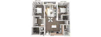 A 3D floor plan of a small apartment with a living room, kitchen, and bedroom.