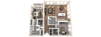 A 3D floor plan of a small apartment with a kitchen, living room, and bedrooms.