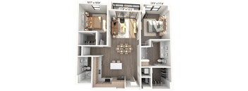 A 3D floor plan of a small apartment with a kitchen, living room, and two bedrooms.