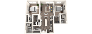 A top-down view of a house layout with a central hallway and rooms surrounding it.