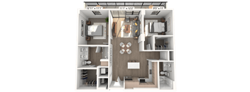 A 3D floor plan of a small apartment with a living room, kitchen, and two bedrooms.
