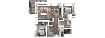 A top-down view of a house layout with a kitchen, living room, dining area, and bathrooms.