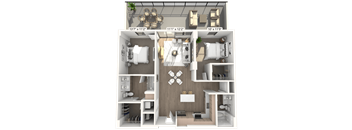 A 3D rendered image of a house layout with dimensions.