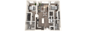 A 3D rendered image of a modern apartment layout.