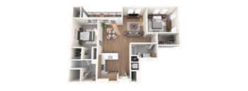 A 3D floor plan of a house showing a kitchen, living room, and bedrooms.