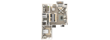A floor plan of a house with a kitchen, living room, dining room, and two bedrooms.