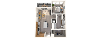 A 3D floor plan of a small apartment with a kitchen, living room, and bathroom.