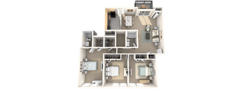 A 3D floor plan of a house with a kitchen, living room, and two bedrooms.