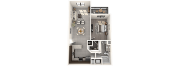 A 3D floor plan of a house showing a living room, kitchen, dining room, and bathroom.