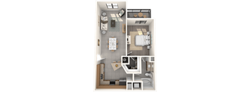 A 3D floor plan of a small apartment with a kitchen, living room, and bathroom.