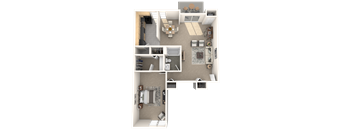 A 3D floor plan of a house with a kitchen, living room, dining room, and bathroom.