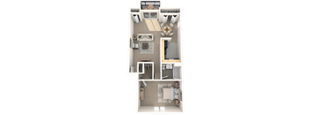 A 3D floor plan of a small apartment with a kitchen, living room, and bathroom.