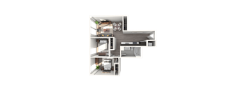 A 3D floor plan of a modern apartment with a kitchen, living room, and bathroom.