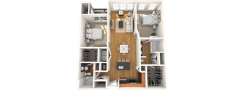 A 3D rendered image of a house layout.