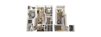 A 3D floor plan of a house showing two bedrooms, a living room, a kitchen, and a bathroom.