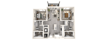 A 3D floor plan of a house showing the layout of the rooms.