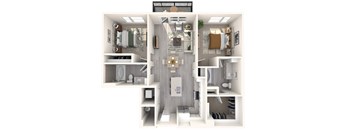 A 3D floor plan of a small apartment with a kitchen, living room, and bathroom.