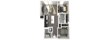 A 3D floor plan of a small apartment with a kitchen, living room, and bedroom.
