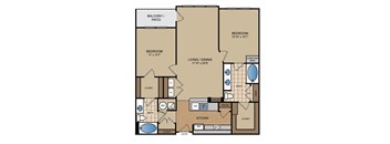 A floor plan of a house with two bedrooms, a living area, a kitchen, and a bathroom.