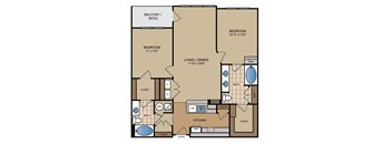 A floor plan of a home with two bedrooms, a living area, a kitchen, and a bathroom.
