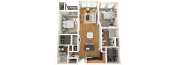 A 3D rendered image of a house layout.